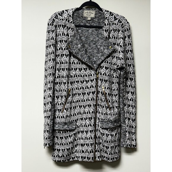 LUCKY BRAND Long Moto Jacket, Black and White, Sz L - Picture 4 of 16